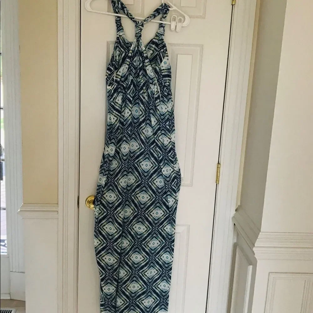 New PINk ROSE ikat Maxi Sundress Blue White M
